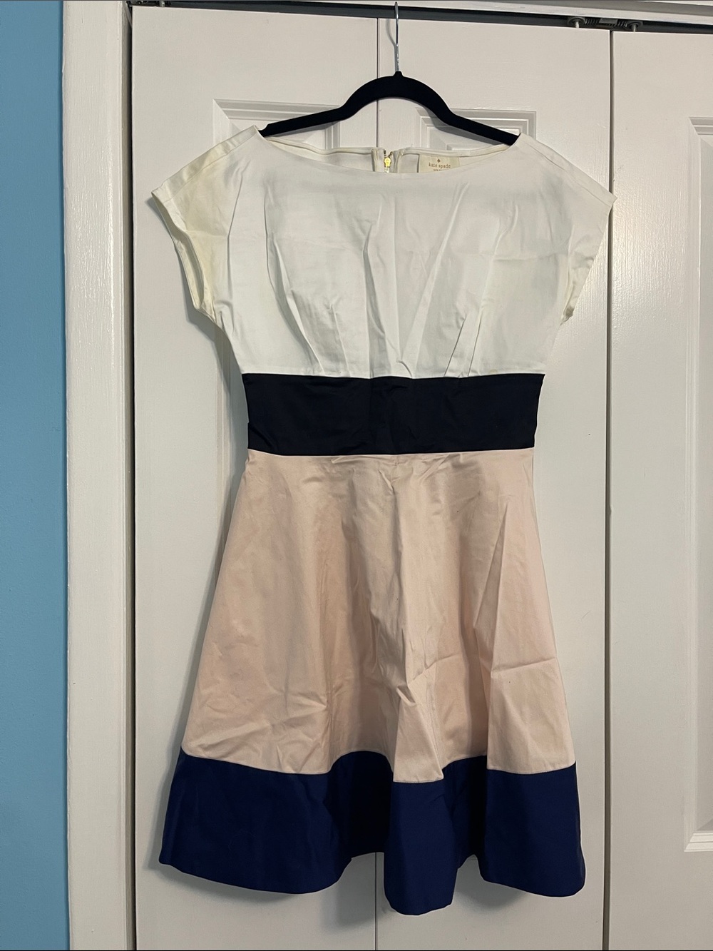 Colorblock Fit-and-Flare Dress in White, Black, Cream, and Navy